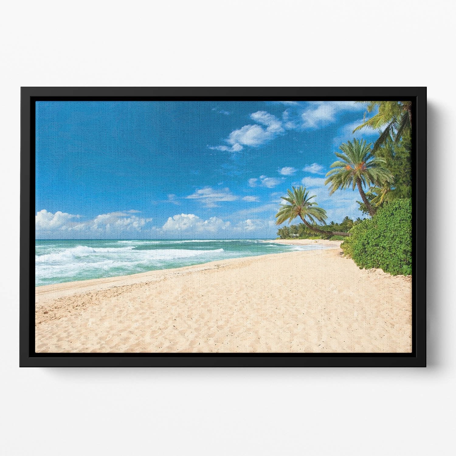 Untouched sandy beach with palms trees Floating Framed Canvas
