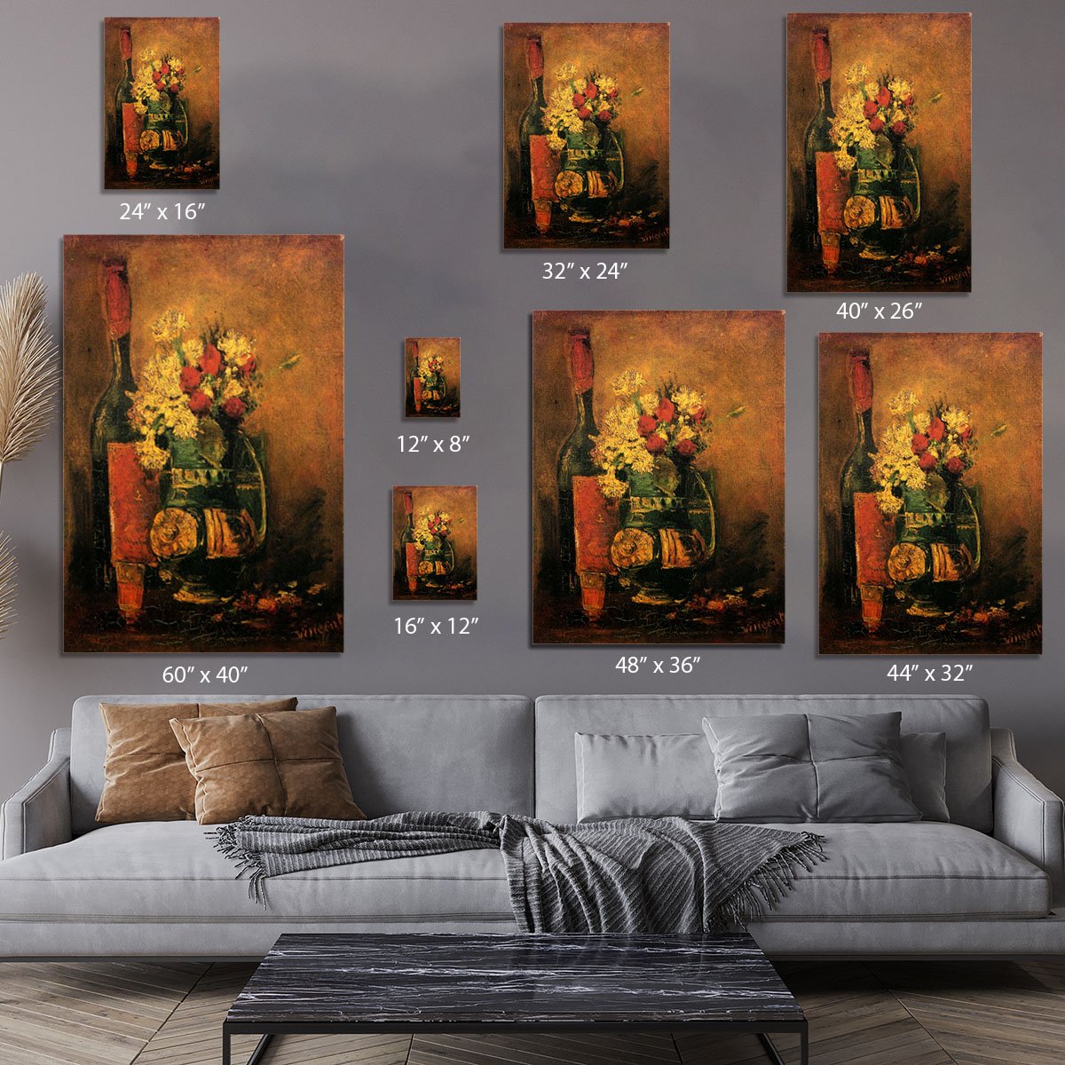 Vase with Carnations and Roses and a Bottle by Van Gogh Canvas Print or Poster