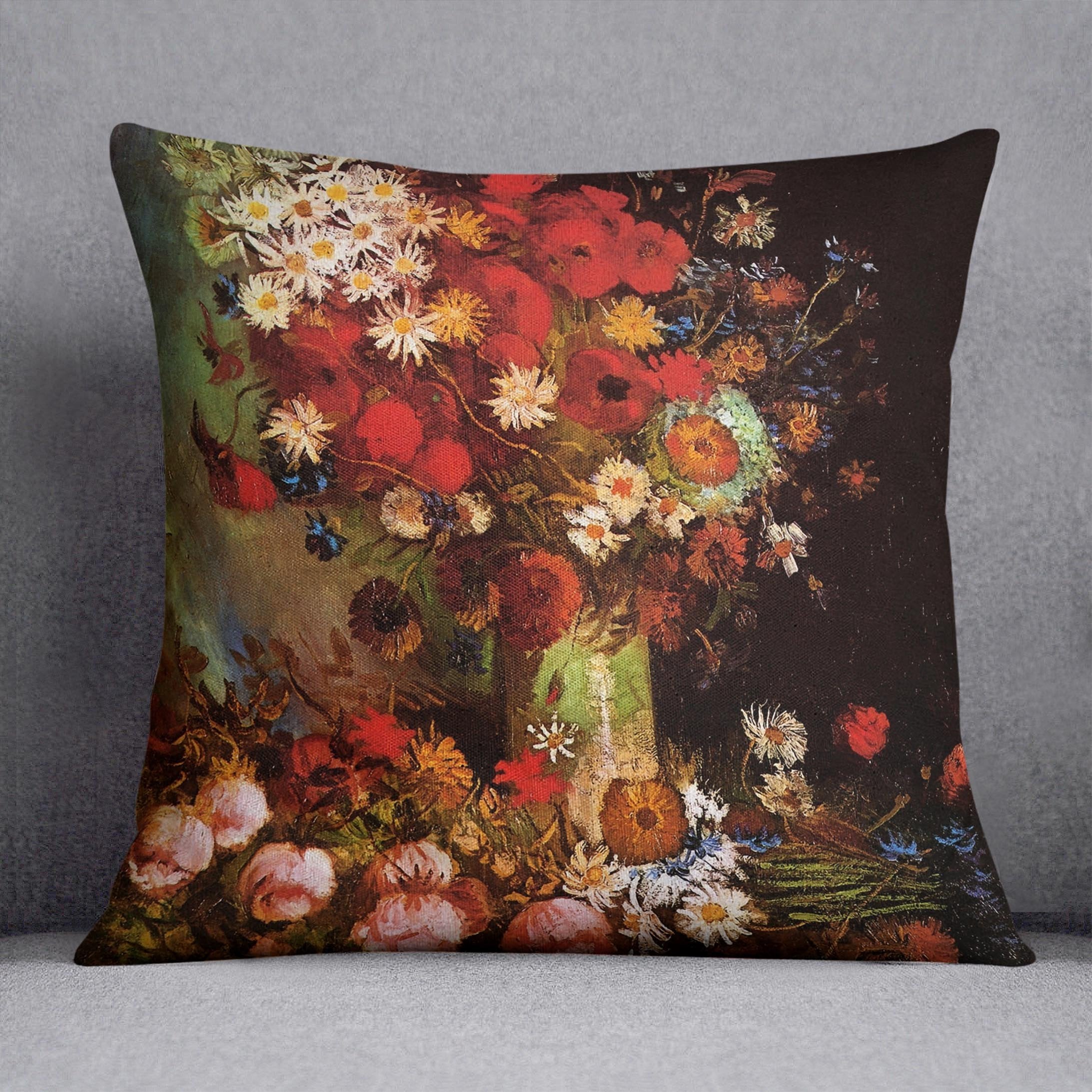 Vase with Poppies Cornflowers Peonies and Chrysanthemums by Van Gogh Throw Pillow