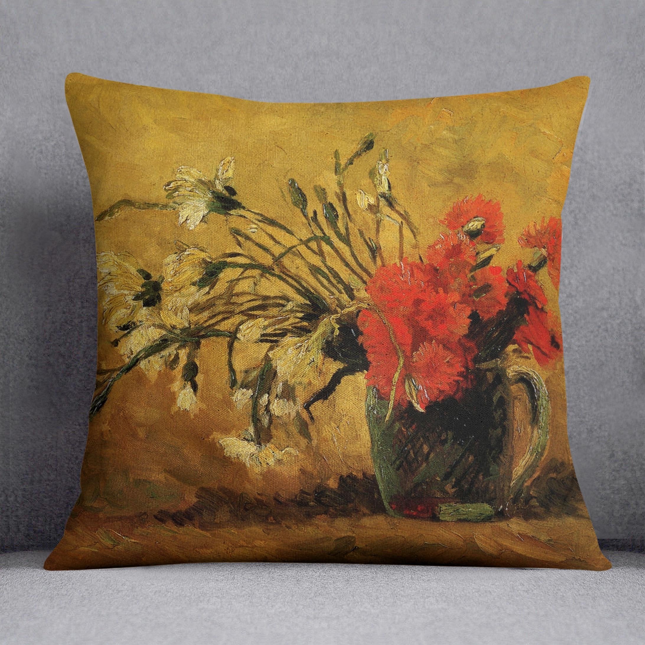 Vase with Red and White Carnations on Yellow Background by Van Gogh Throw Pillow