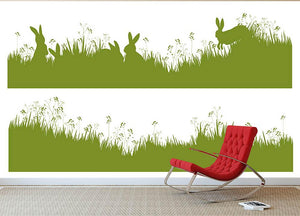 Vector silhouette rabbits in grass background Wall Mural Wallpaper - Canvas Art Rocks - 2