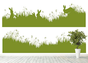 Vector silhouette rabbits in grass background Wall Mural Wallpaper - Canvas Art Rocks - 4
