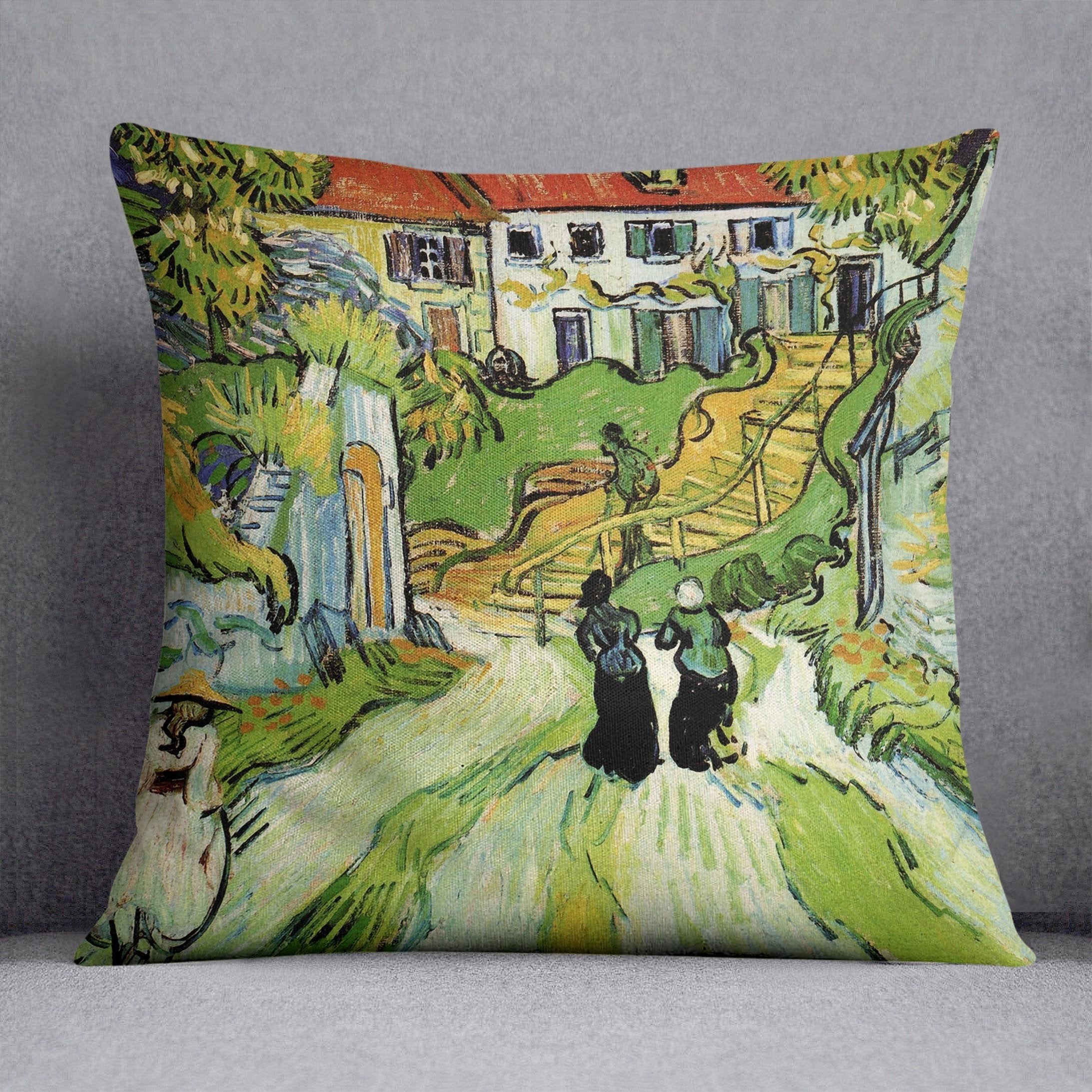 Village Street and Steps in Auvers with Figures by Van Gogh Throw Pillow