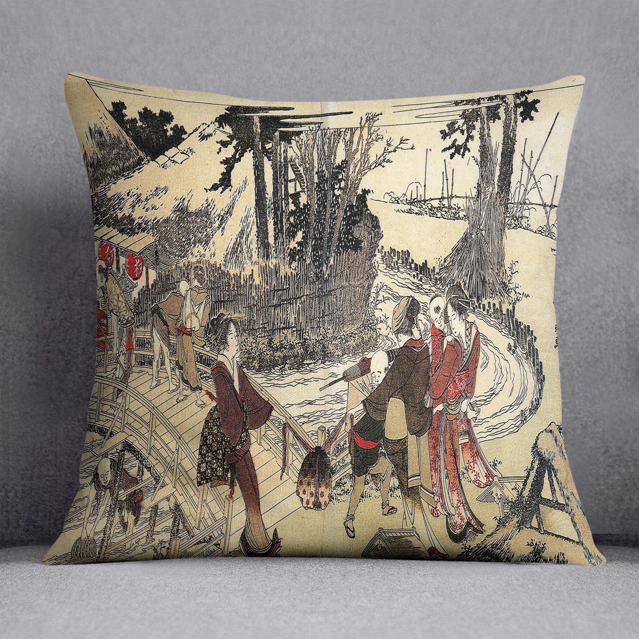 Village near a bridge by Hokusai Throw Pillow