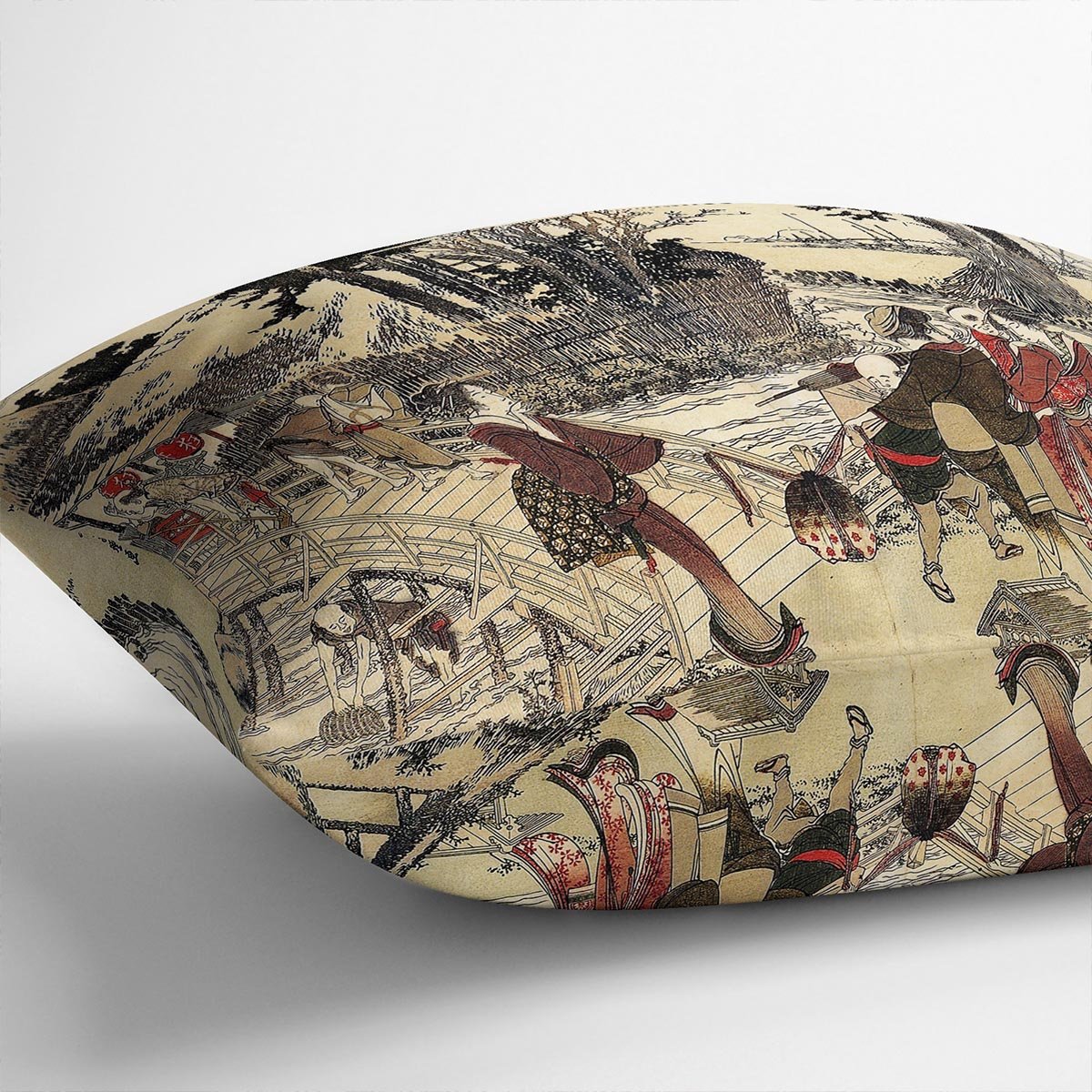 Village near a bridge by Hokusai Throw Pillow