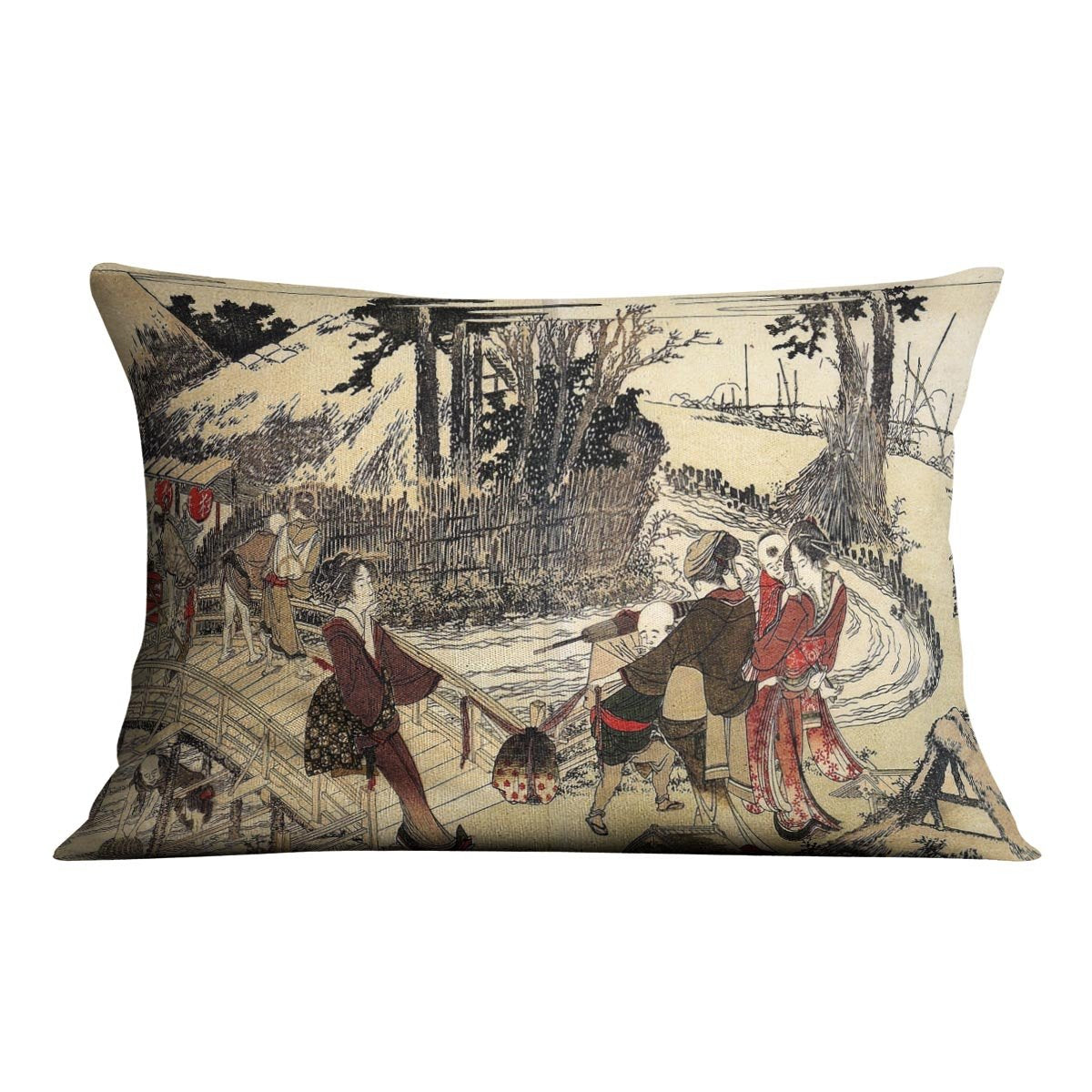 Village near a bridge by Hokusai Throw Pillow