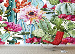 Watercolor cactus pattern Wall Mural Wallpaper - Canvas Art Rocks - 2