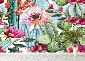 Watercolor cactus pattern Wall Mural Wallpaper - Canvas Art Rocks - 4