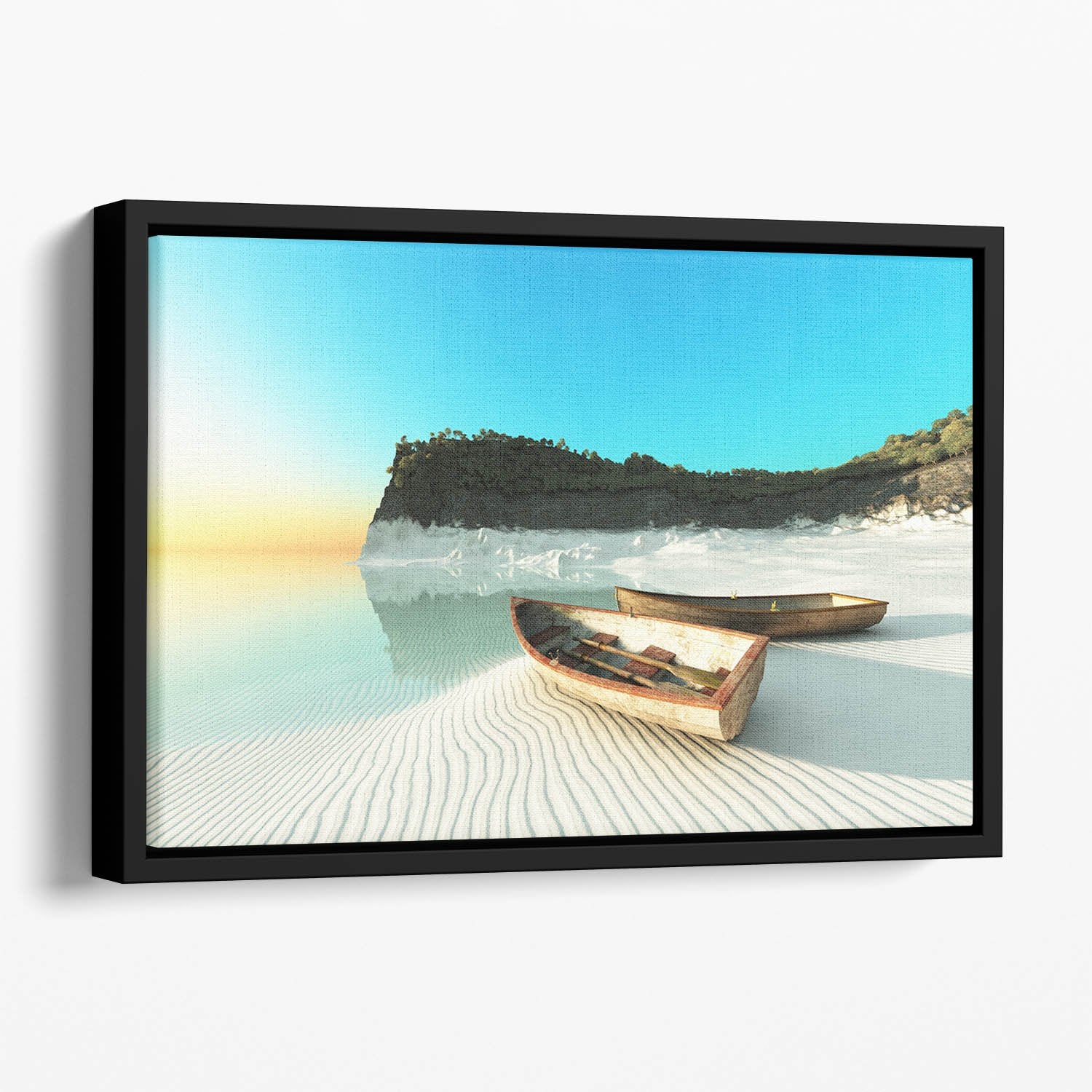 White Sand Boats Floating Framed Canvas