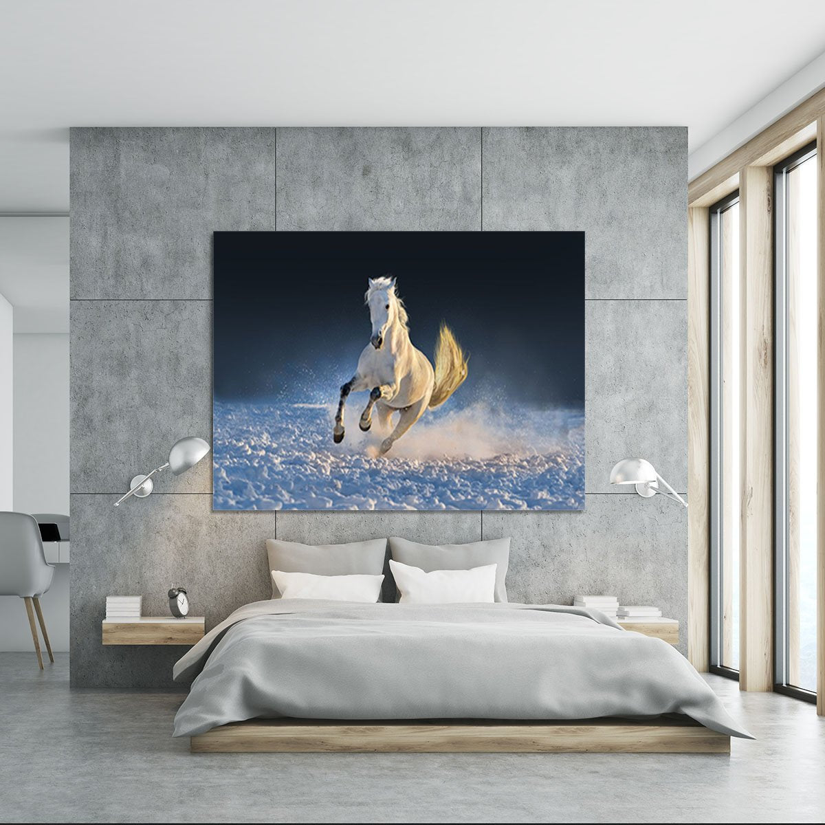White horse run in snow at sunset Canvas Print or Poster