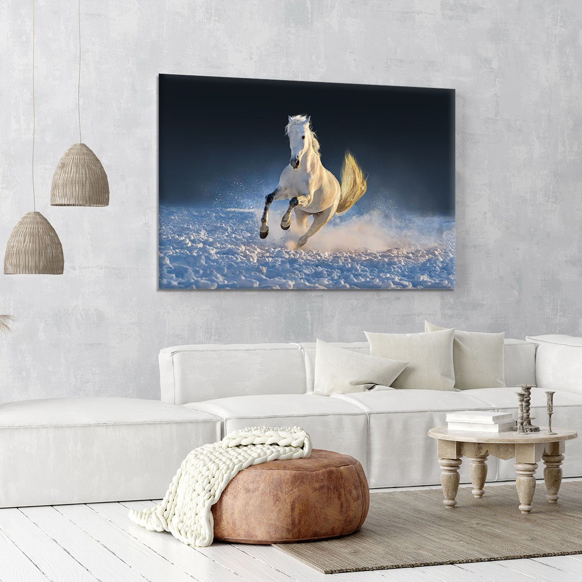 White horse run in snow at sunset Canvas Print or Poster