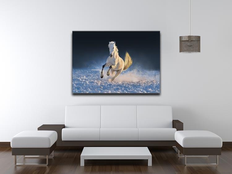White horse run in snow at sunset Canvas Print or Poster - Canvas Art Rocks - 4