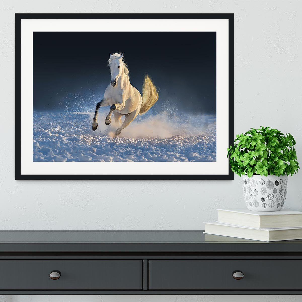White horse run in snow at sunset Framed Print - Canvas Art Rocks - 1