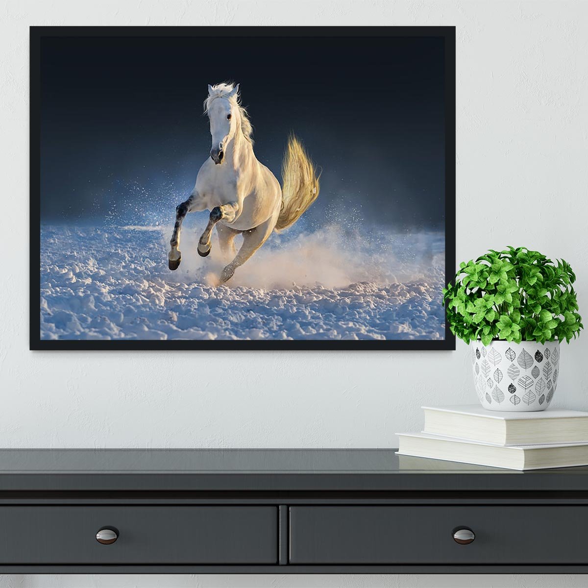 White horse run in snow at sunset Framed Print - Canvas Art Rocks - 2