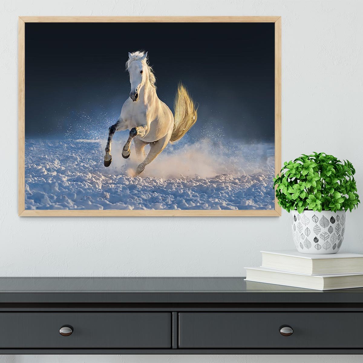 White horse run in snow at sunset Framed Print - Canvas Art Rocks - 4