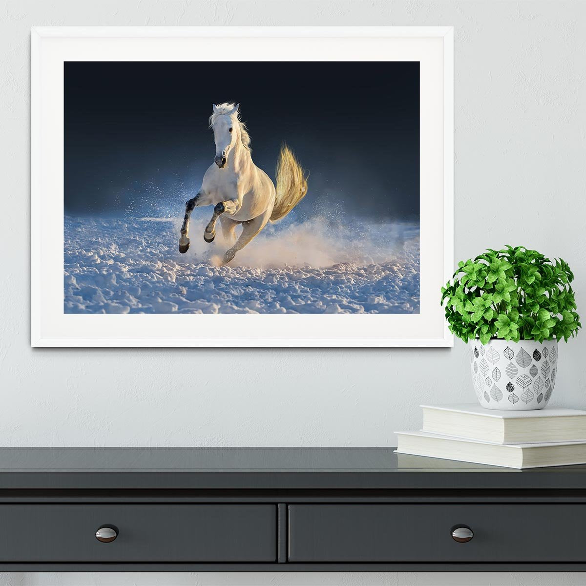White horse run in snow at sunset Framed Print - Canvas Art Rocks - 5