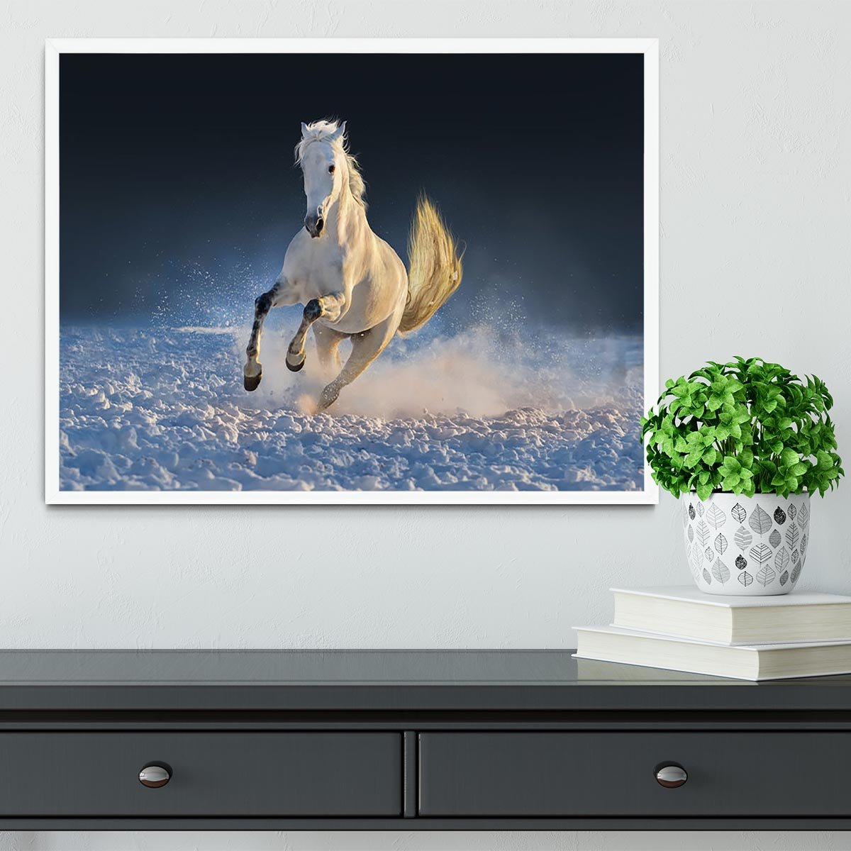 White horse run in snow at sunset Framed Print - Canvas Art Rocks -6