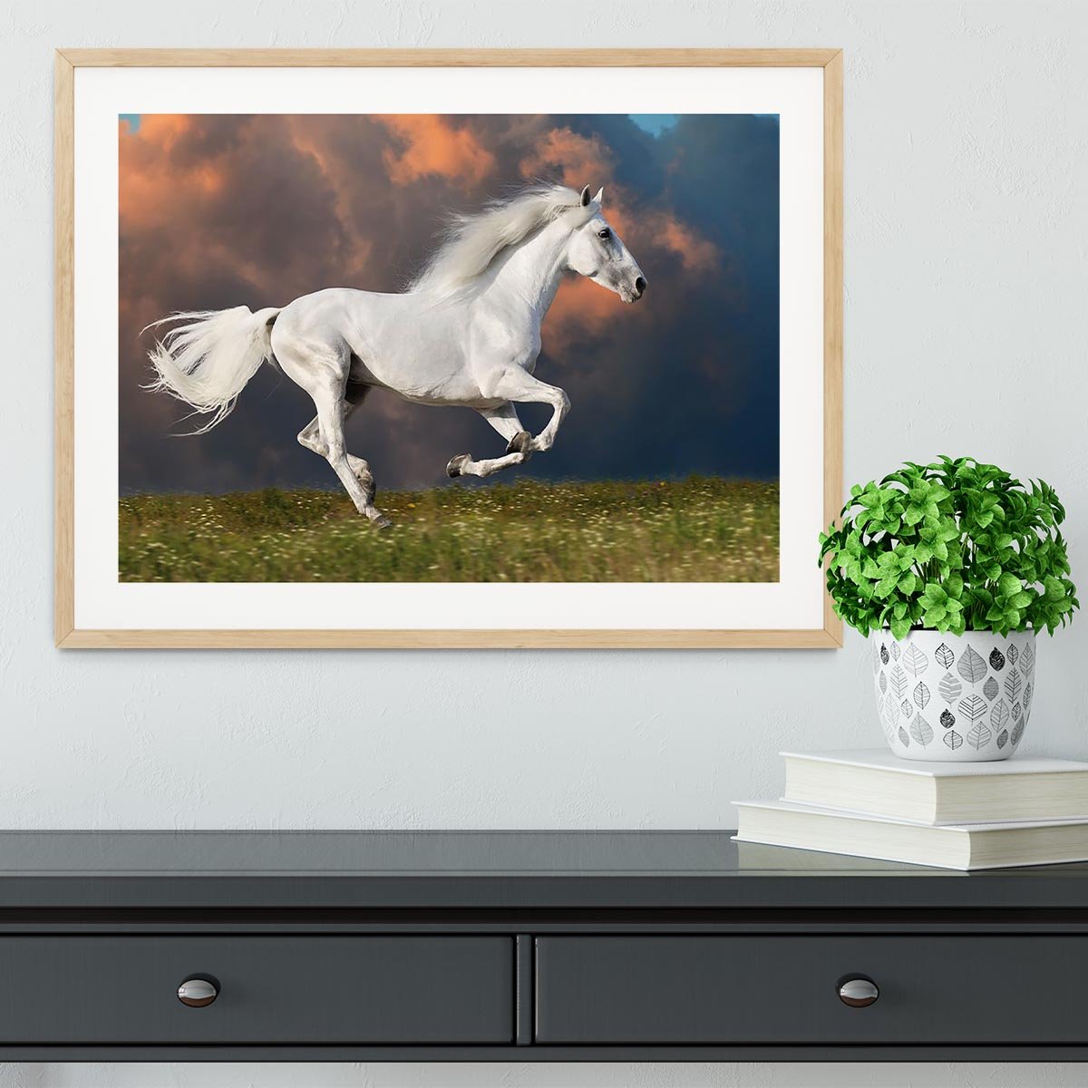 White horse runs gallop on the dark sky Framed Print - Canvas Art Rocks - 3