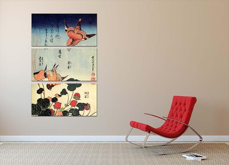 Wild strawberries and birds by Hokusai 3 Split Panel Canvas Print - Canvas Art Rocks - 2