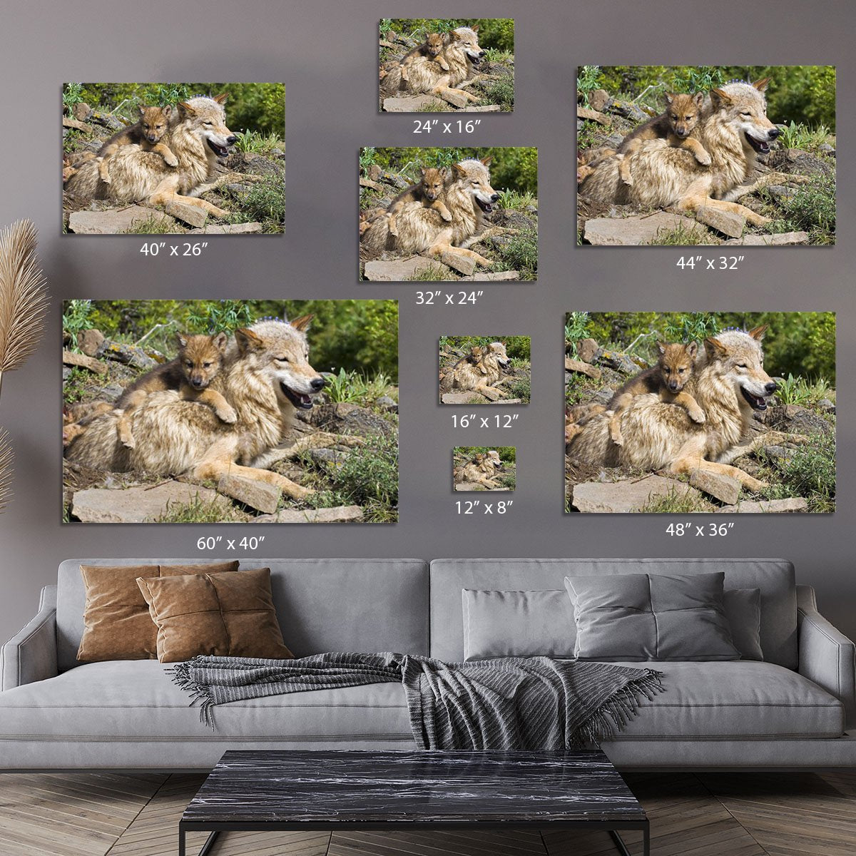 Wolf cubs and mother at den site Canvas Print or Poster