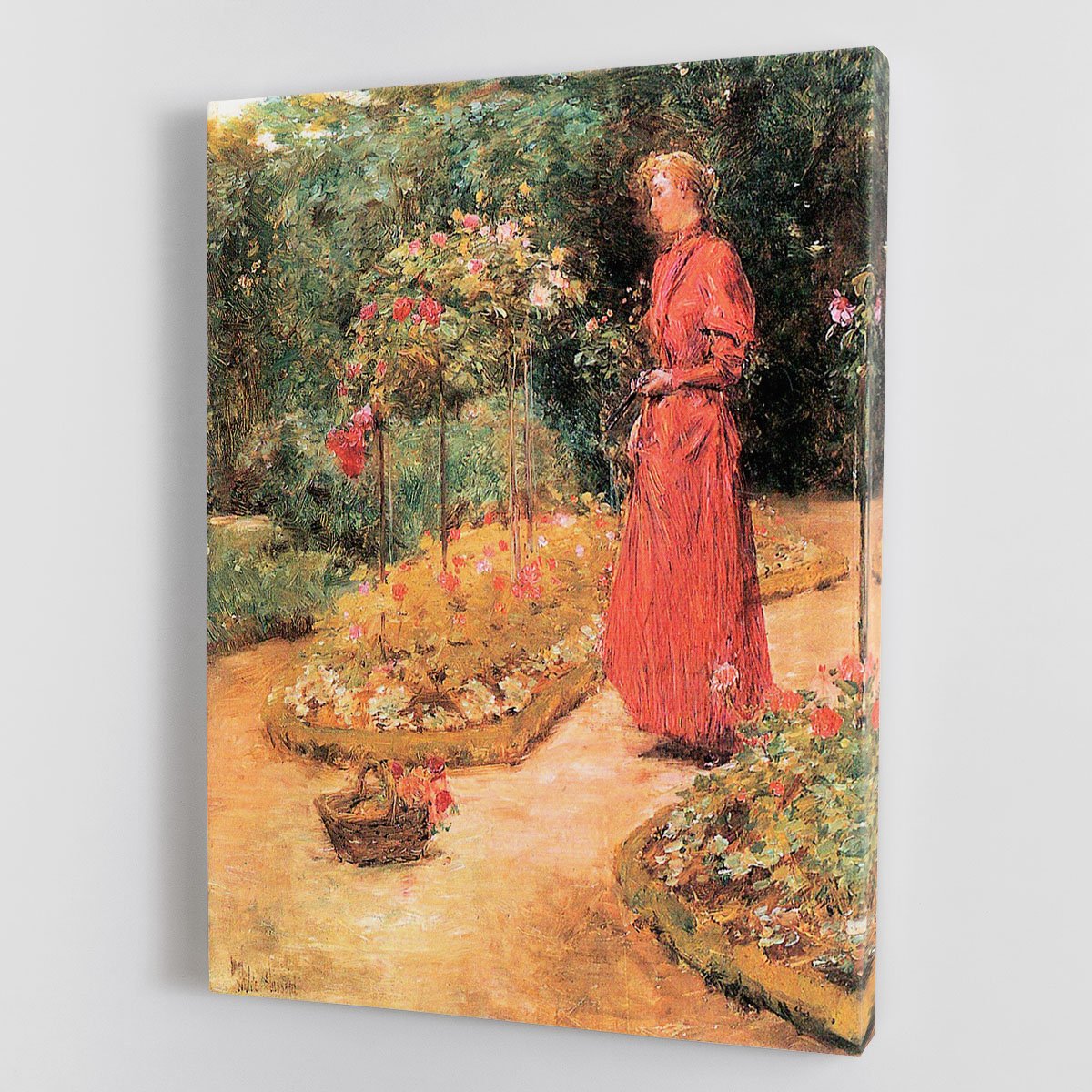 Woman cuts roses in a garden by Hassam Canvas Print or Poster