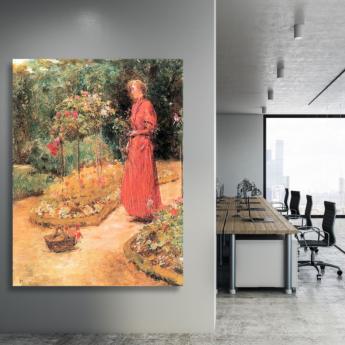 Woman cuts roses in a garden by Hassam Canvas Print or Poster