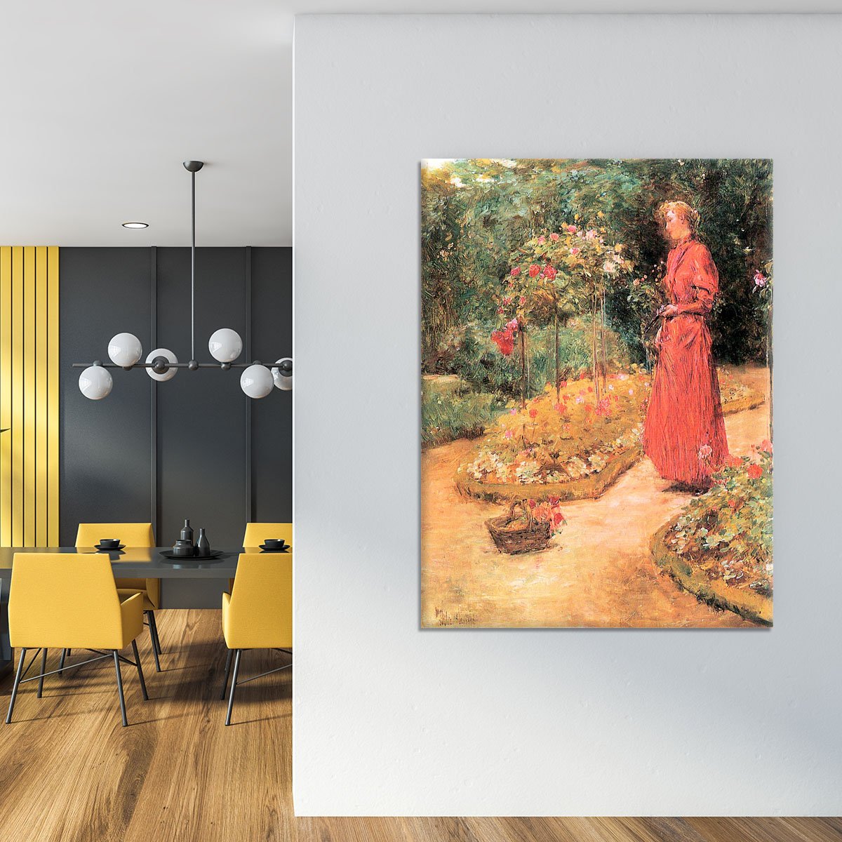 Woman cuts roses in a garden by Hassam Canvas Print or Poster