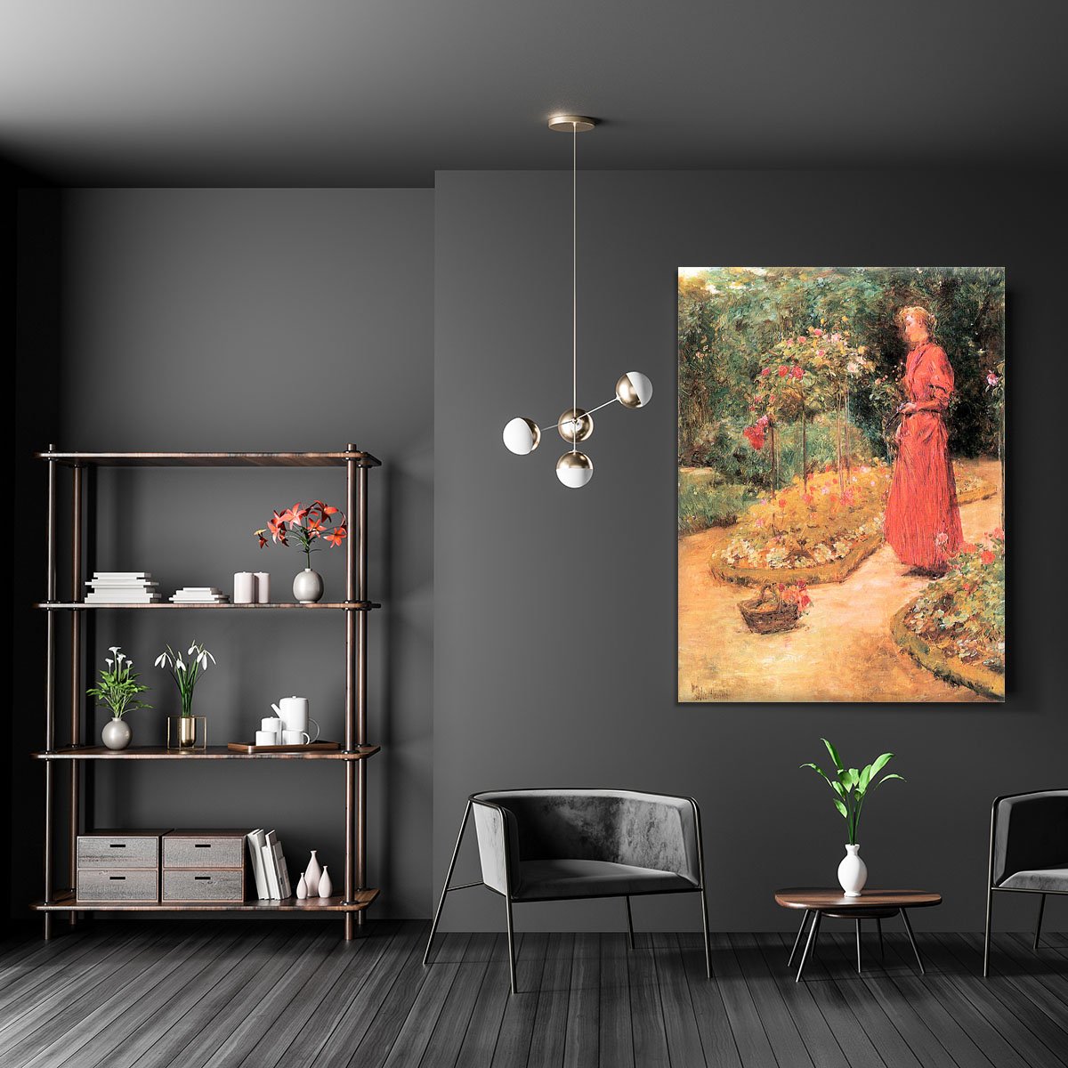 Woman cuts roses in a garden by Hassam Canvas Print or Poster