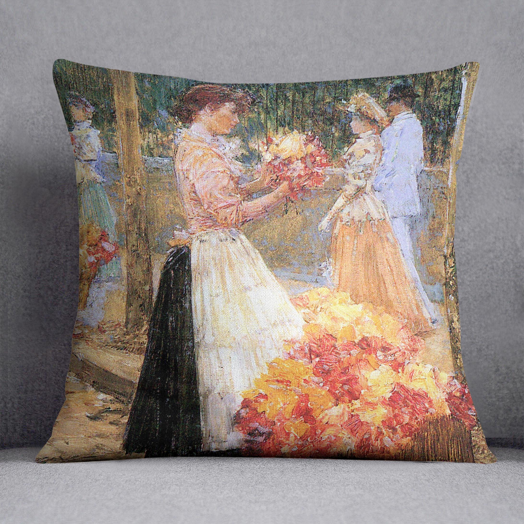 Woman sells flowers by Hassam Cushion - Canvas Art Rocks - 1