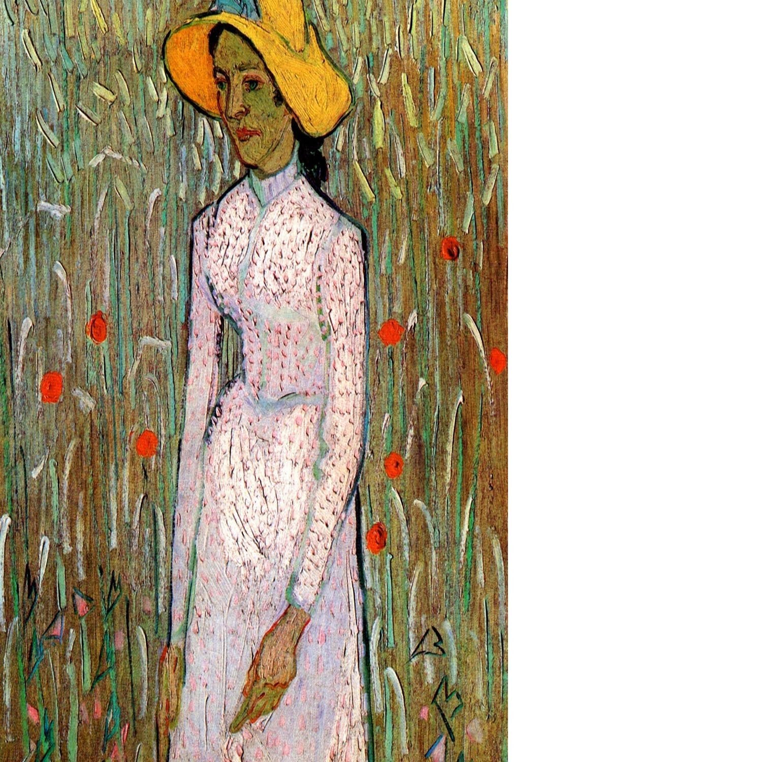 Young Girl Standing Against a Background of Wheat by Van Gogh Floating Framed Canvas