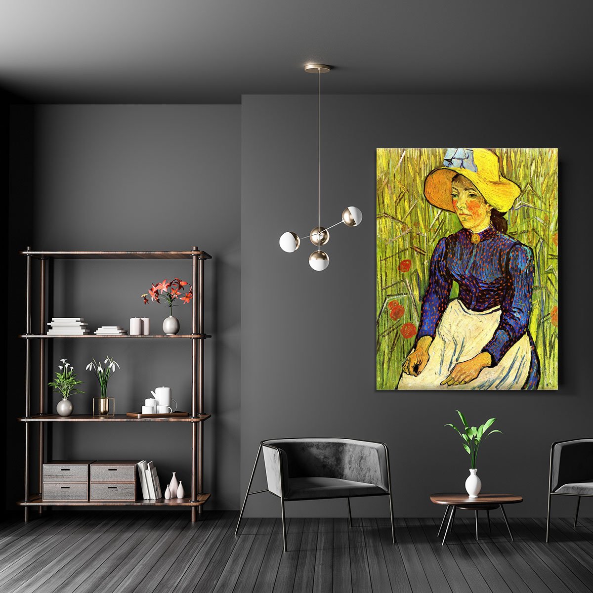 Young Peasant Woman with Straw Hat Sitting in the Wheat by Van Gogh Canvas Print or Poster