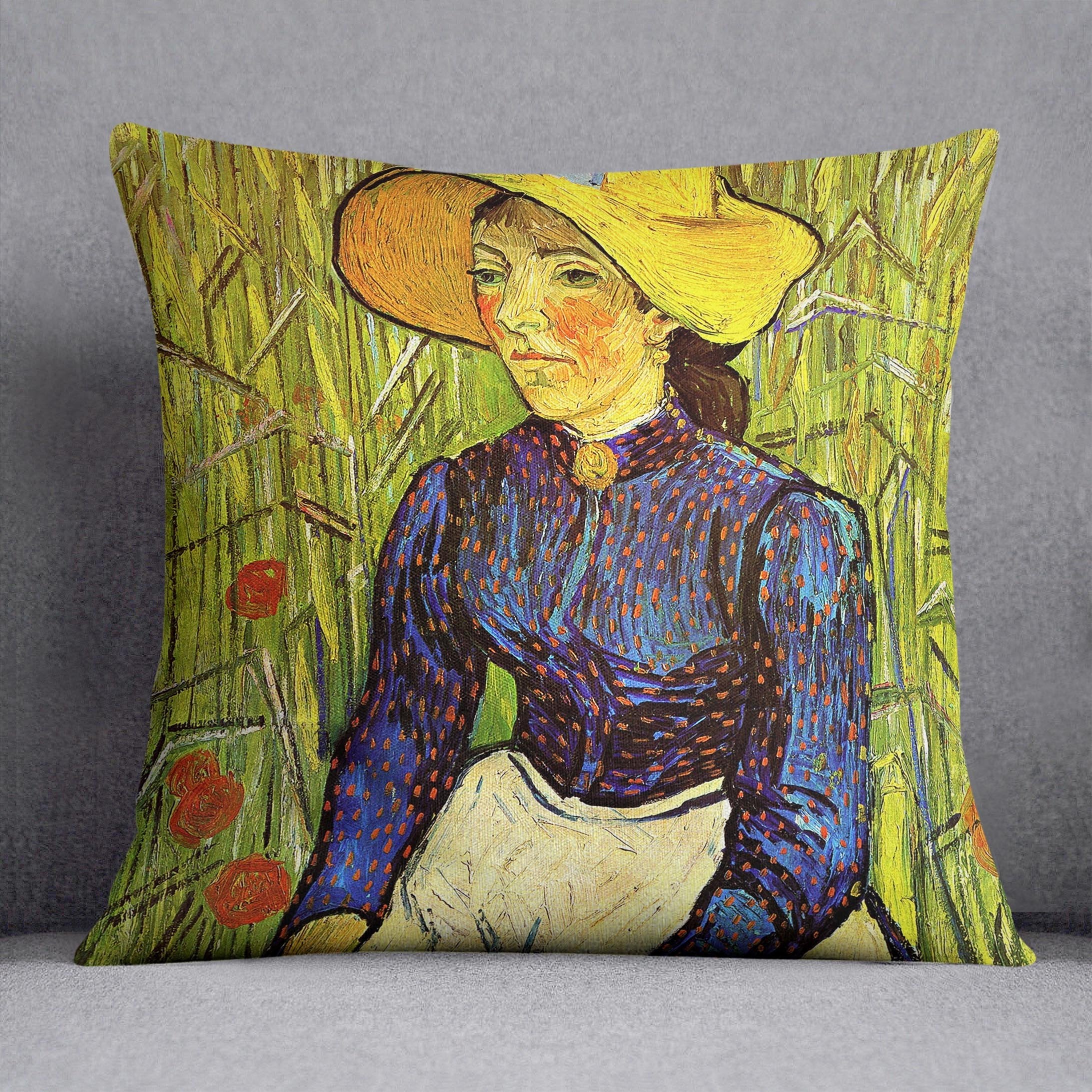 Young Peasant Woman with Straw Hat Sitting in the Wheat by Van Gogh Throw Pillow