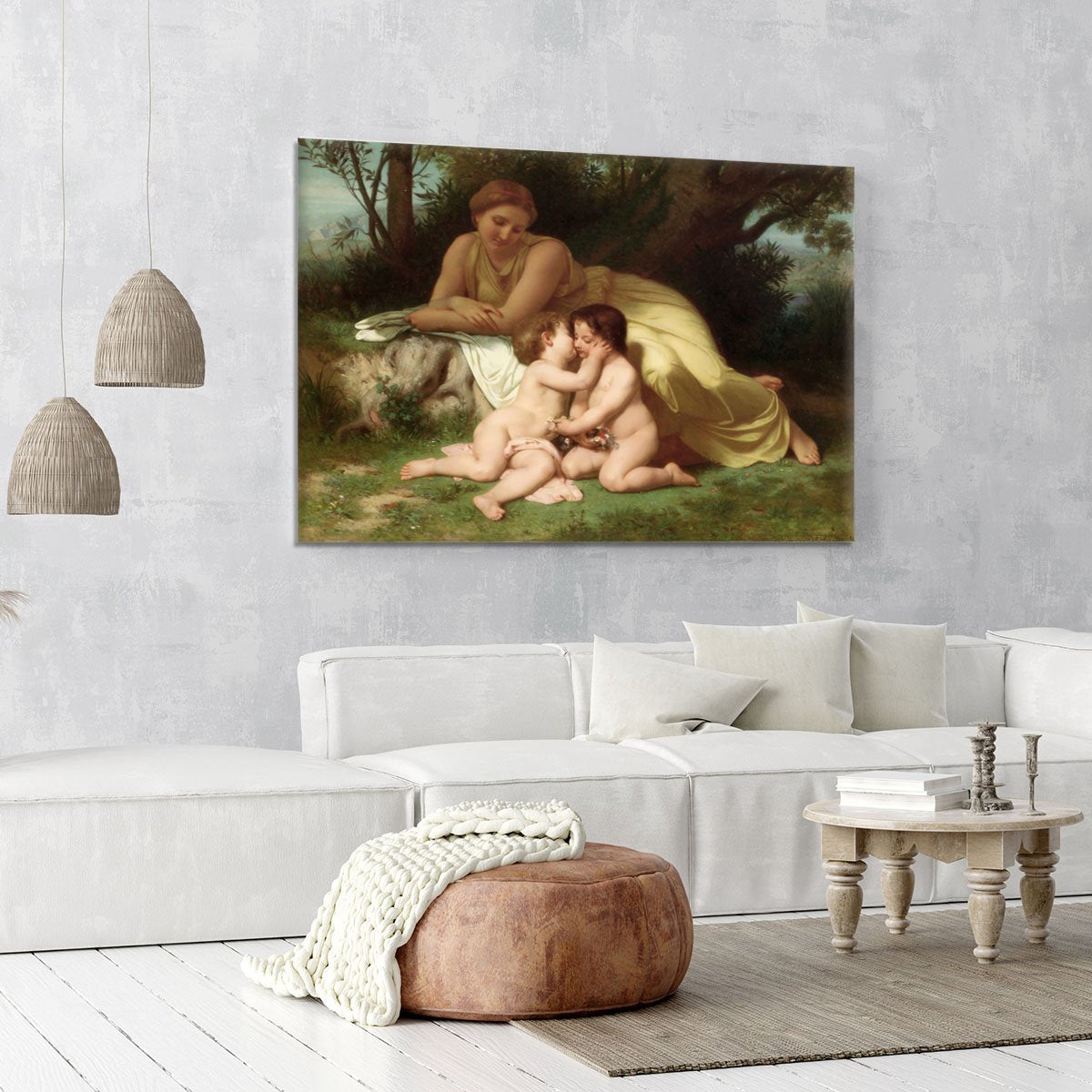 Young Woman Contemplating Two Embracing Children By Bouguereau Canvas Print or Poster