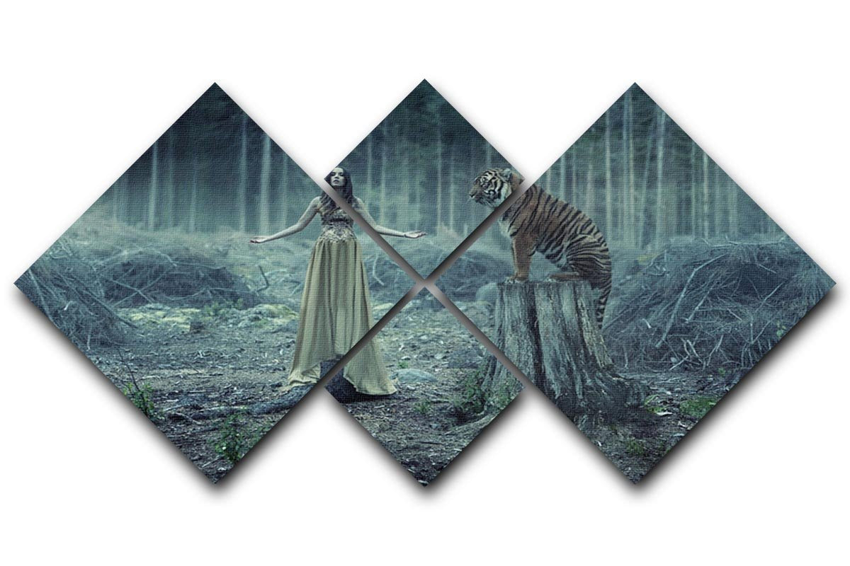 Young girl with a wild tiger 4 Square Multi Panel Canvas - Canvas Art Rocks - 1