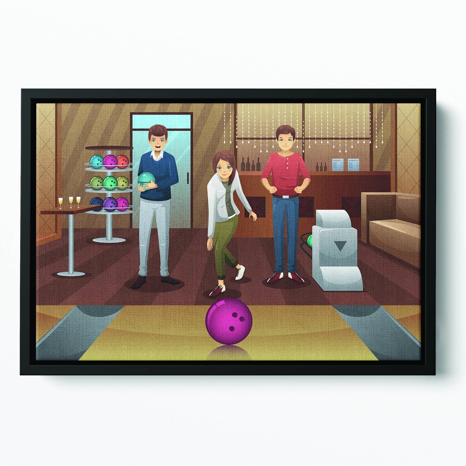 Young people playing bowling together Floating Framed Canvas