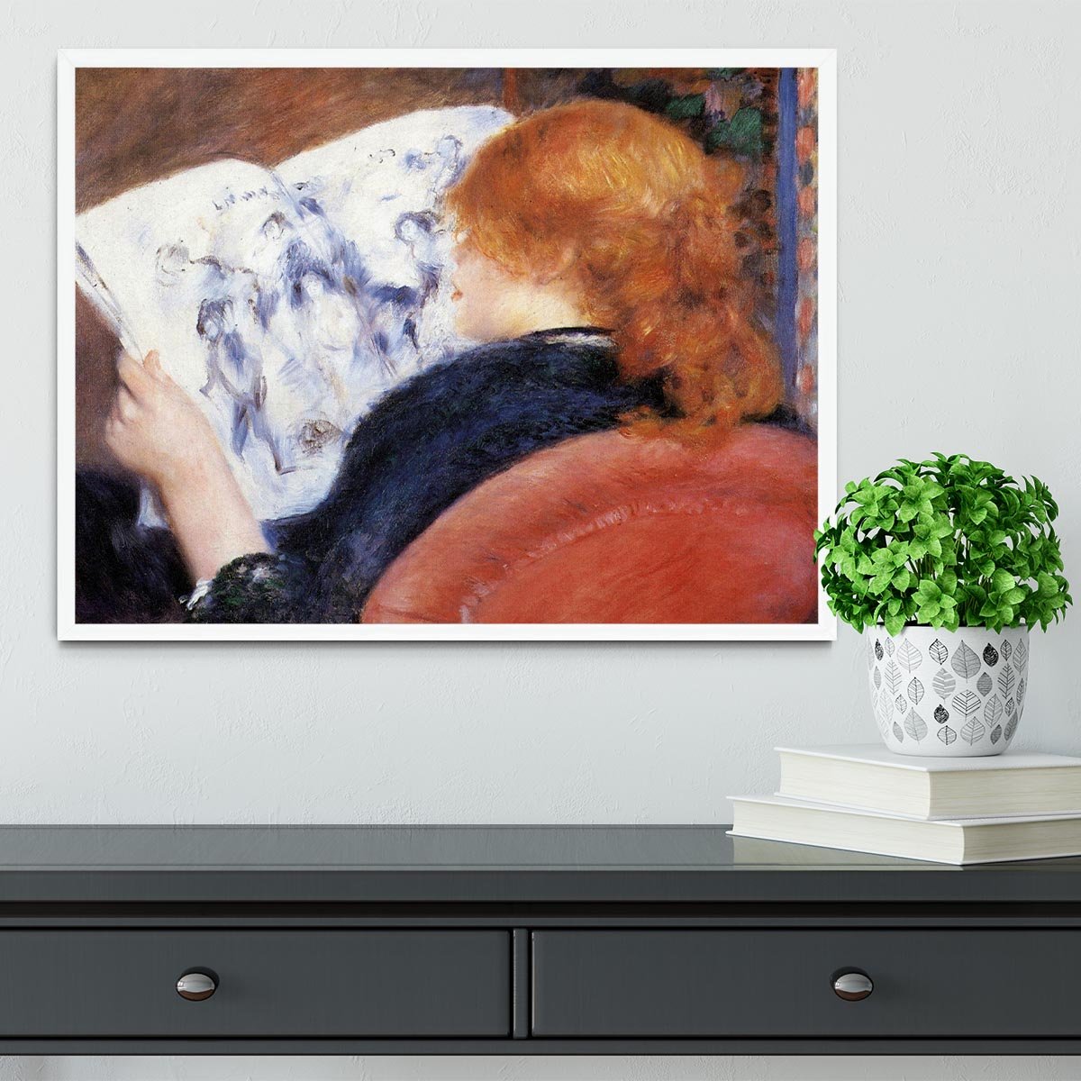 Young woman reads illustrated journal by Renoir Framed Print - Canvas Art Rocks -6