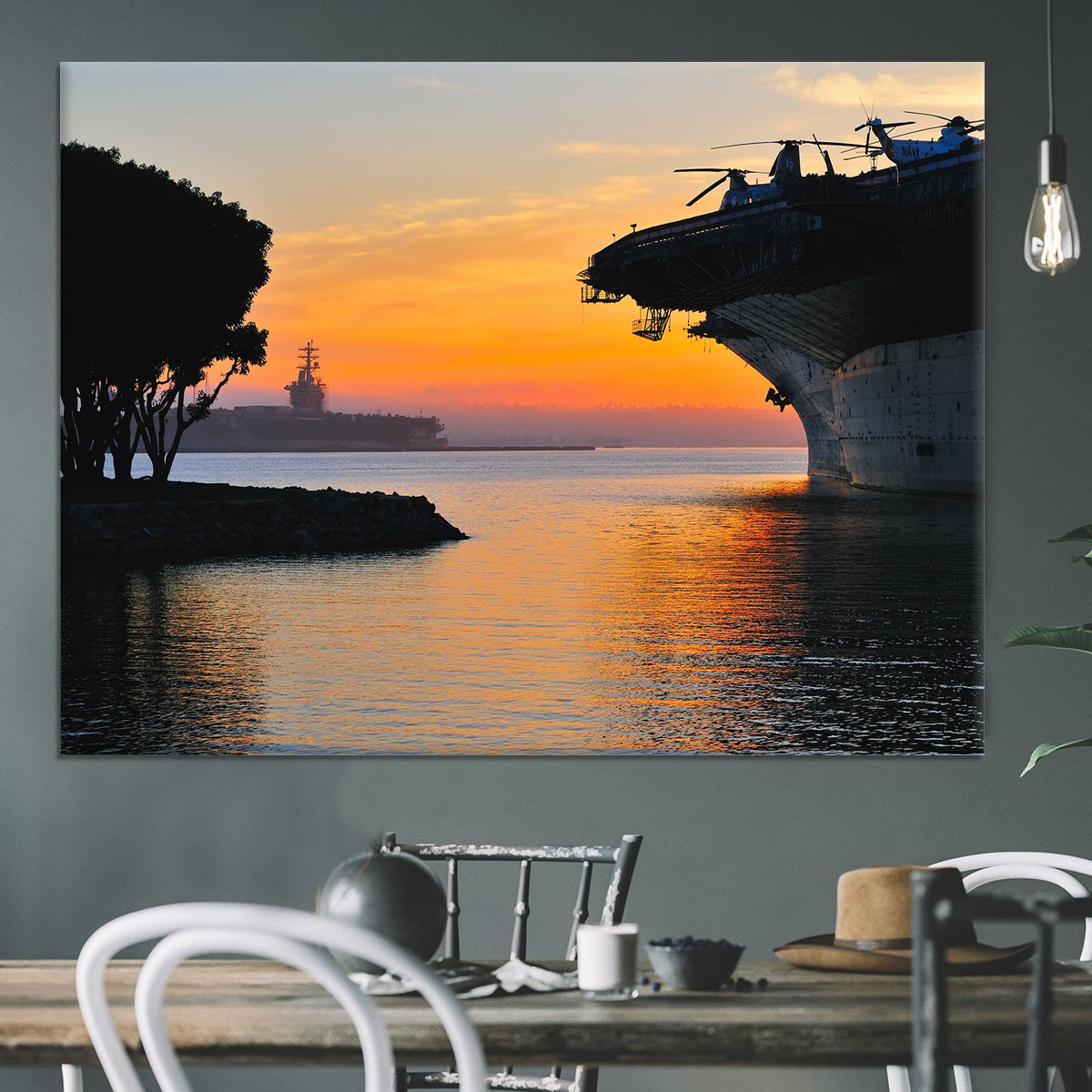 aircraft carrier in harbour in sunset Canvas Print or Poster