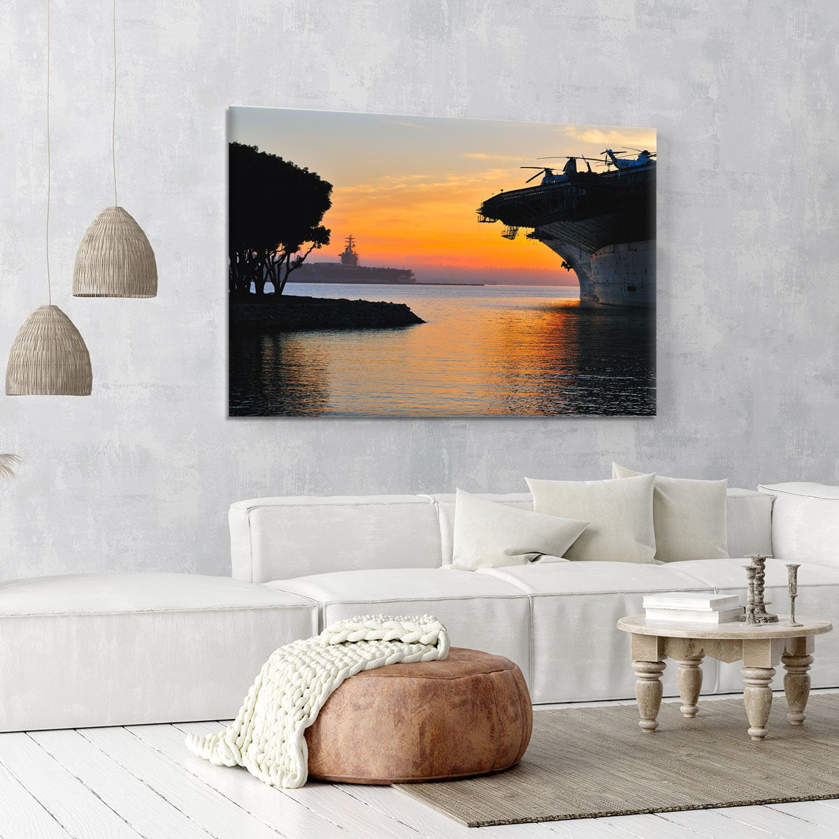 aircraft carrier in harbour in sunset Canvas Print or Poster