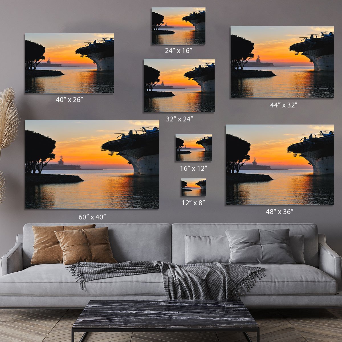 aircraft carrier in harbour in sunset Canvas Print or Poster
