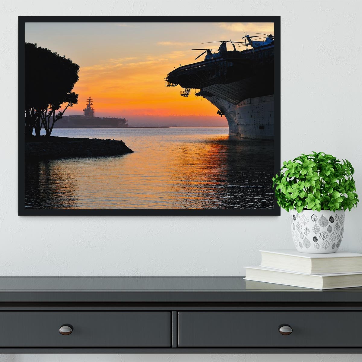 aircraft carrier in harbour in sunset Framed Print - Canvas Art Rocks - 2