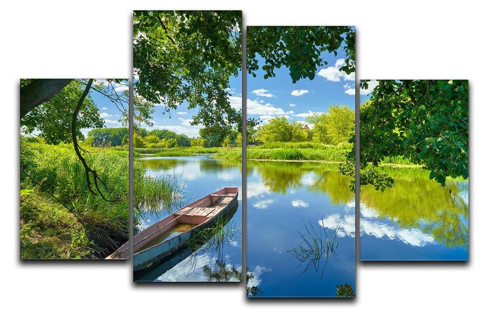 blue sky clouds Narew river boat 4 Split Panel Canvas  - Canvas Art Rocks - 1