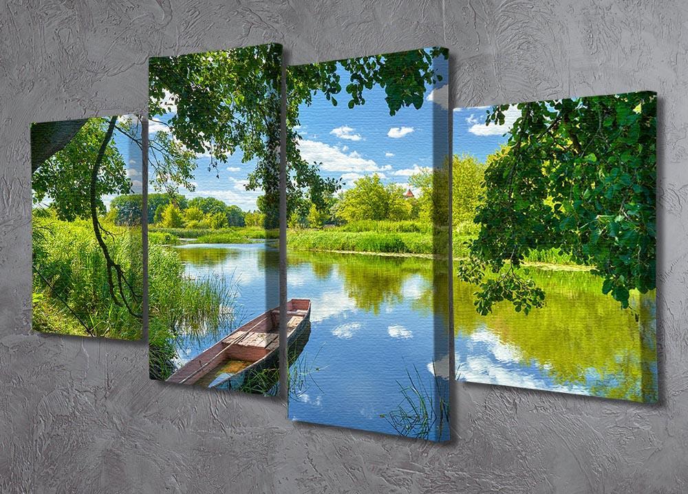 blue sky clouds Narew river boat 4 Split Panel Canvas  - Canvas Art Rocks - 2