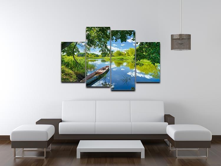 blue sky clouds Narew river boat 4 Split Panel Canvas  - Canvas Art Rocks - 3
