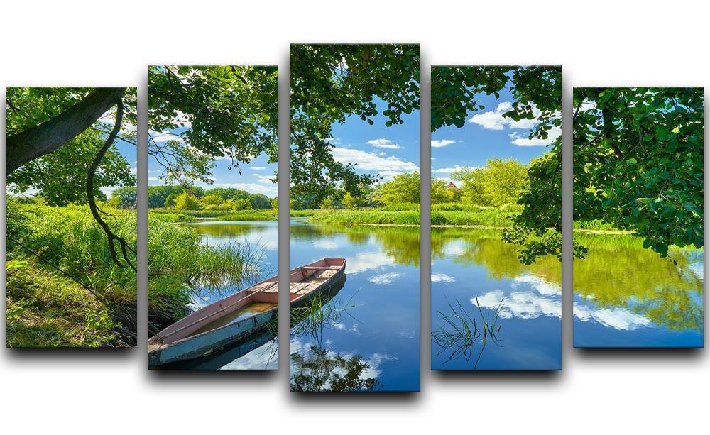 blue sky clouds Narew river boat 5 Split Panel Canvas  - Canvas Art Rocks - 1