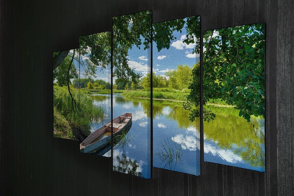 blue sky clouds Narew river boat 5 Split Panel Canvas  - Canvas Art Rocks - 2
