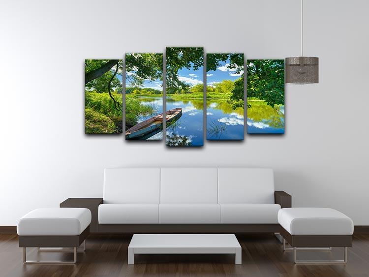 blue sky clouds Narew river boat 5 Split Panel Canvas  - Canvas Art Rocks - 3