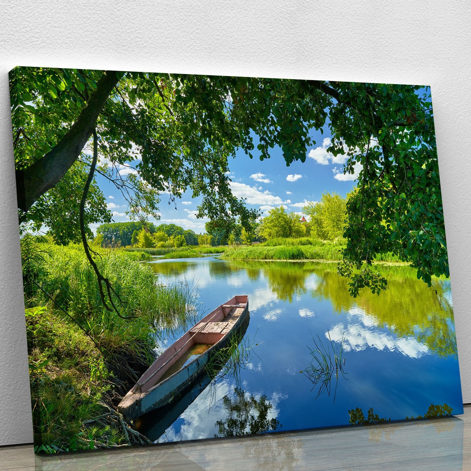 blue sky clouds Narew river boat Canvas Print or Poster