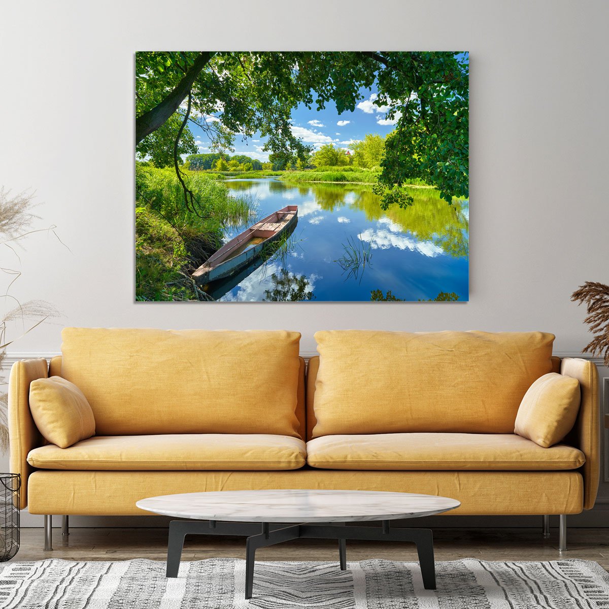 blue sky clouds Narew river boat Canvas Print or Poster