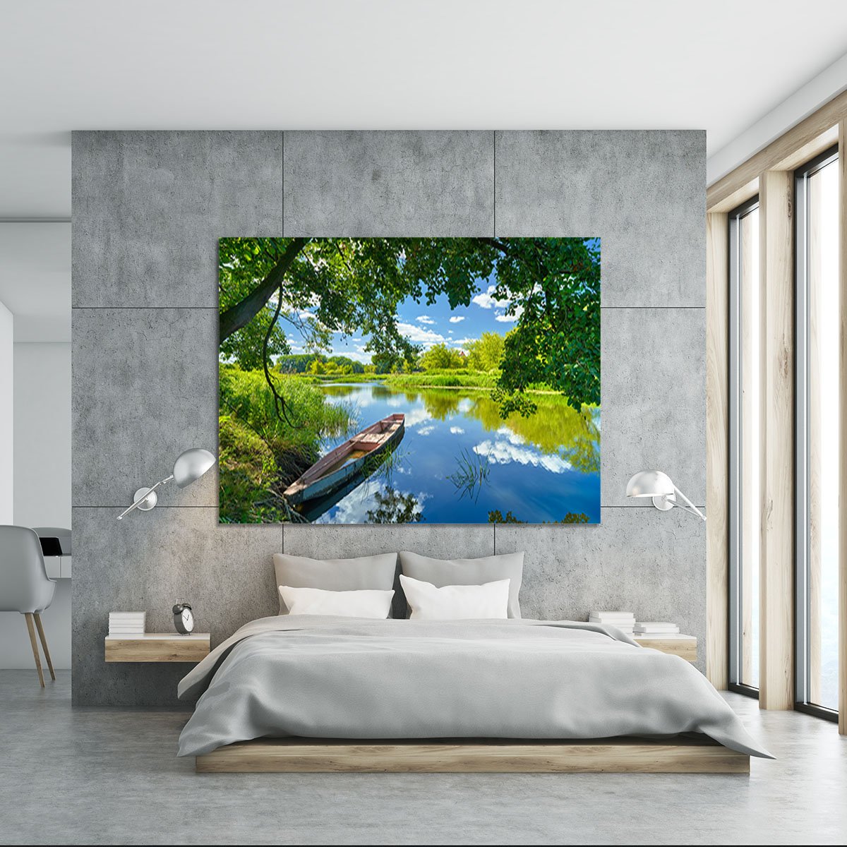 blue sky clouds Narew river boat Canvas Print or Poster