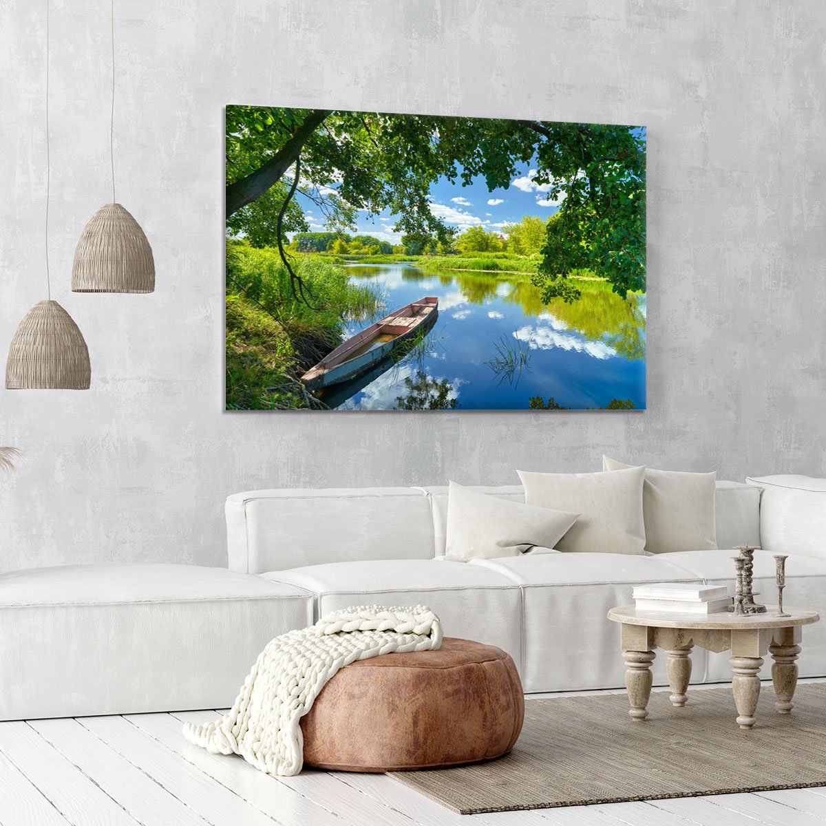 blue sky clouds Narew river boat Canvas Print or Poster